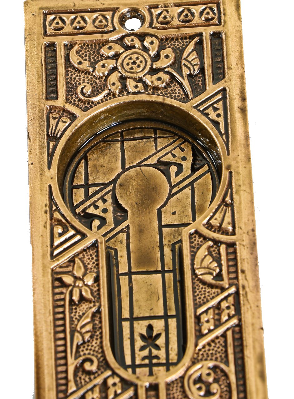 matching lot of all original 19th century american antique eastlake ornamental cast bronze "ceylon" pattern residential double pocket door hardware