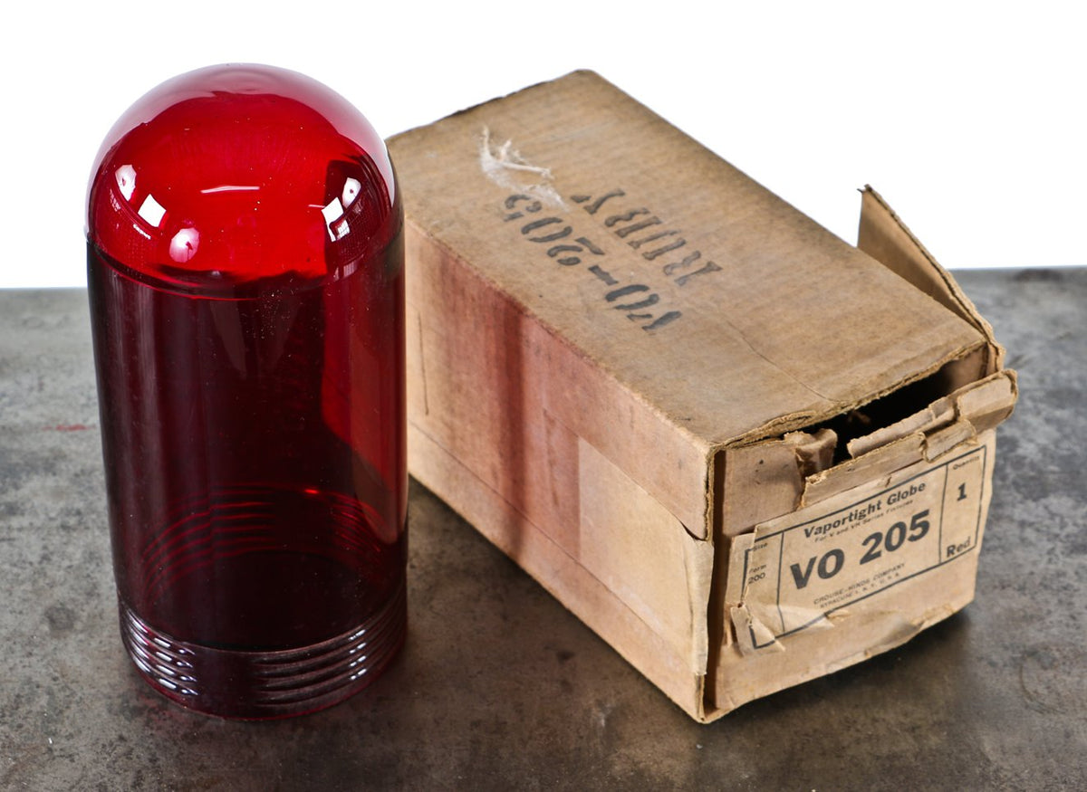 late 1930's antique american industrial "new old stock" ruby red glass vapor-proof or "vaportight" glass globe with threaded end