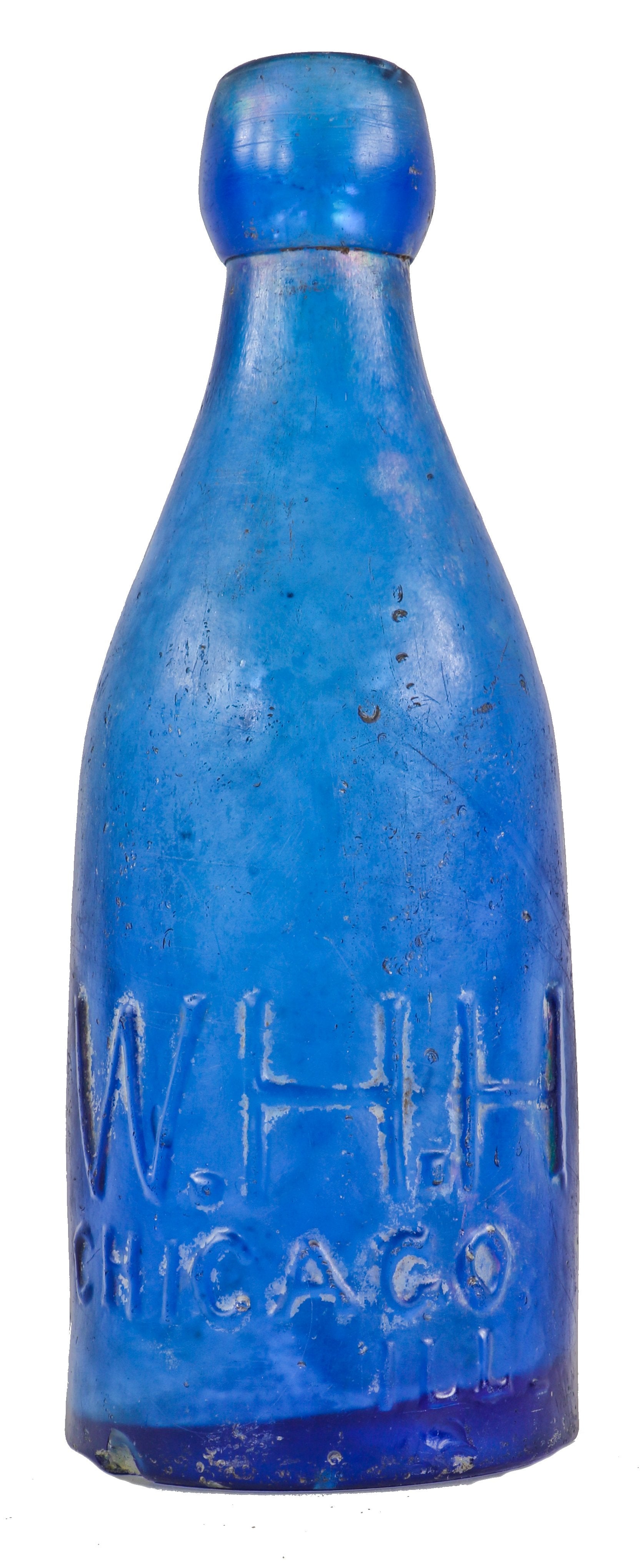 original 1860-63 intact and richly colored cobalt blue low-shouldered pony style embossed glass privy dug carbonated soda water bottle with blob top