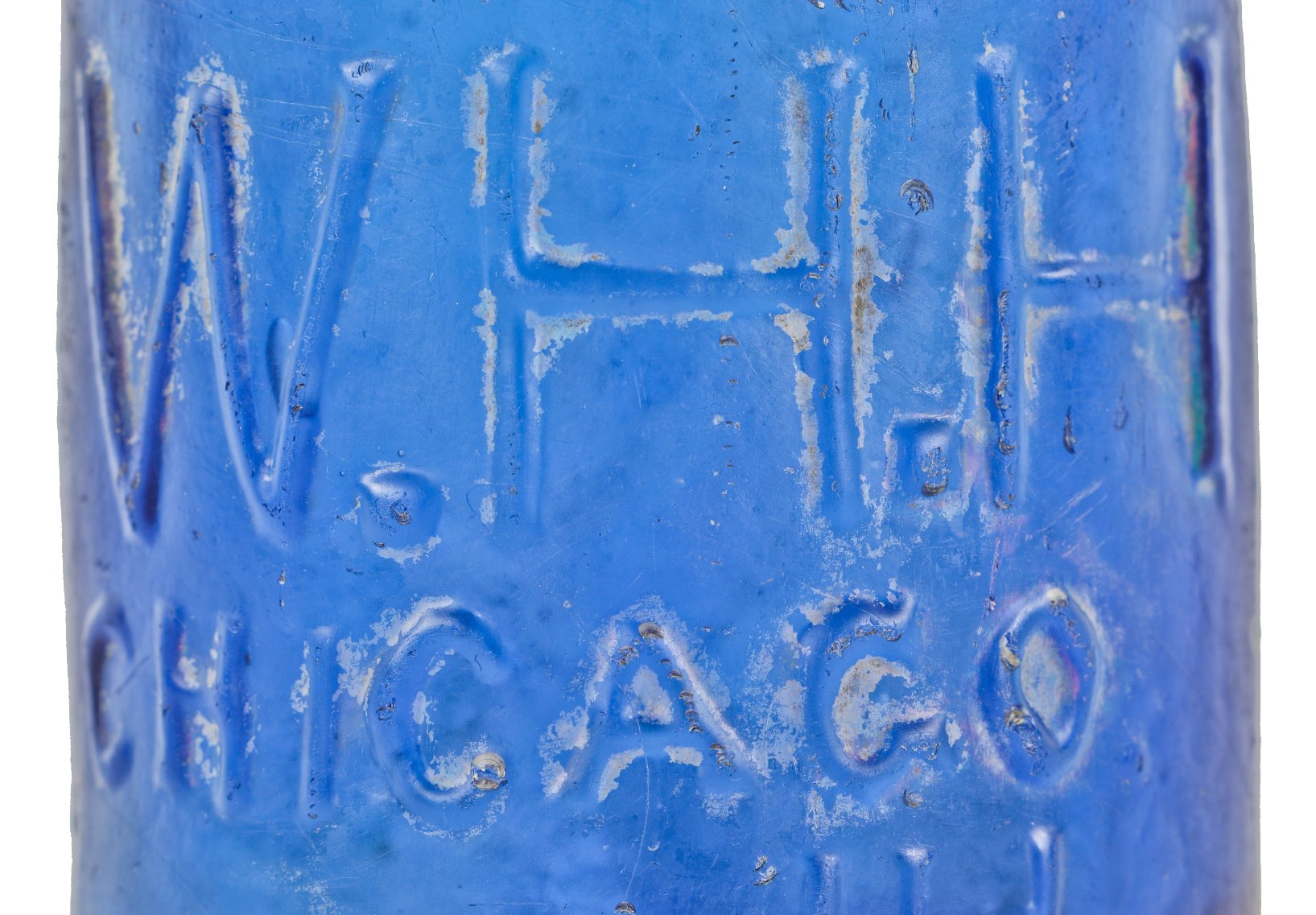 original 1860-63 intact and richly colored cobalt blue low-shouldered pony style embossed glass privy dug carbonated soda water bottle with blob top