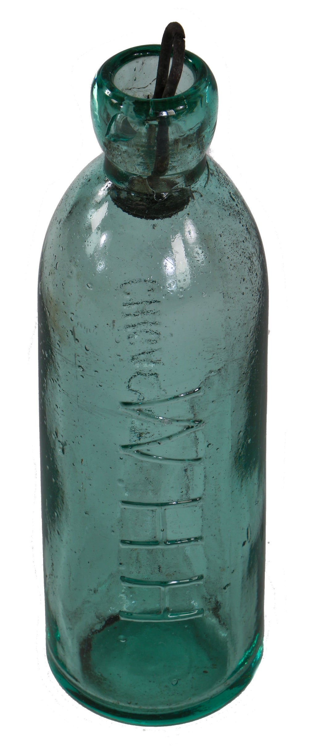 rare late 1870's original and intact chicago privy dug deep blue aqua glass mineral or soda water bottle fabricated by w.h.h company, chcago, il