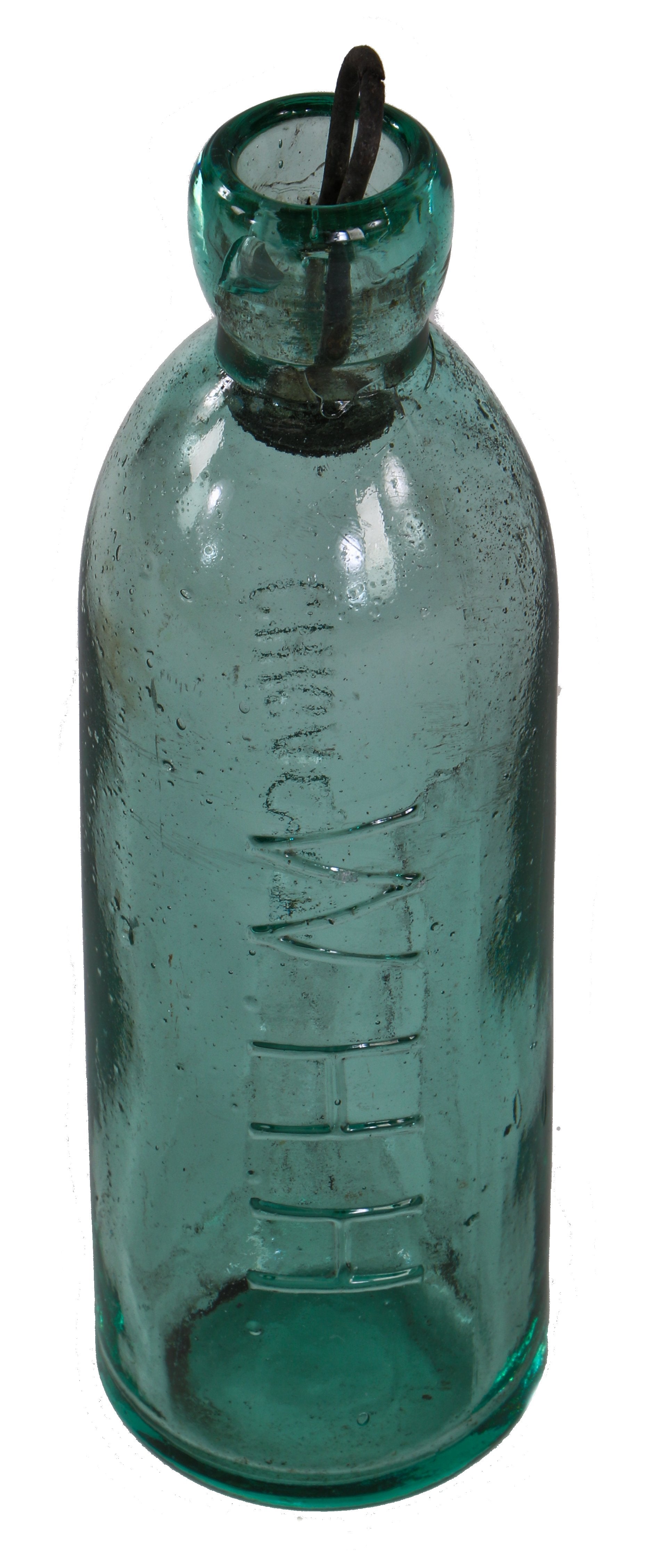 rare late 1870's original and intact chicago privy dug deep blue aqua glass mineral or soda water bottle fabricated by w.h.h company, chcago, il
