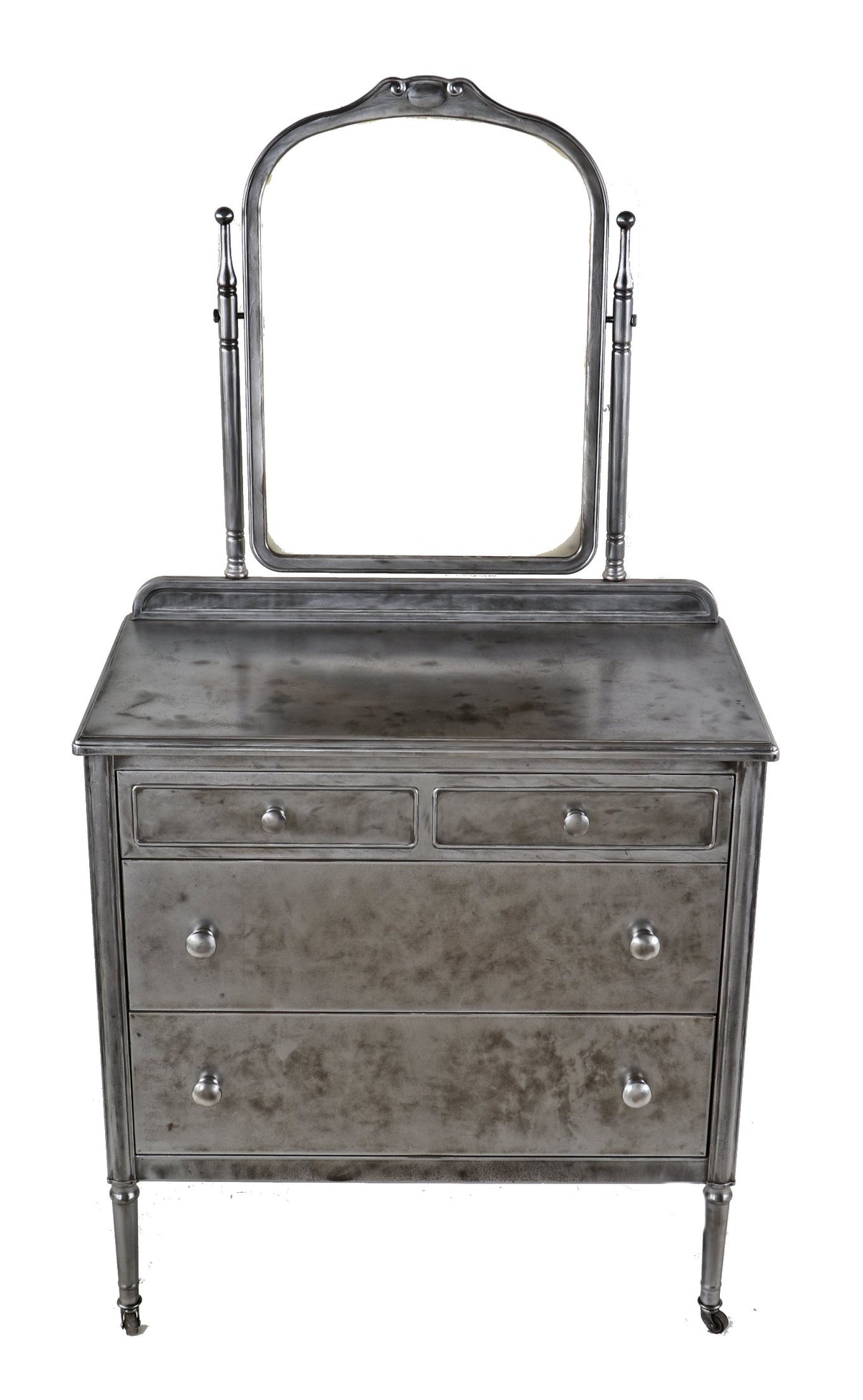 seldom found c. 1930's original depression era antique american industrial refinished compact rolling dresser with tilting mirror and bassick casters