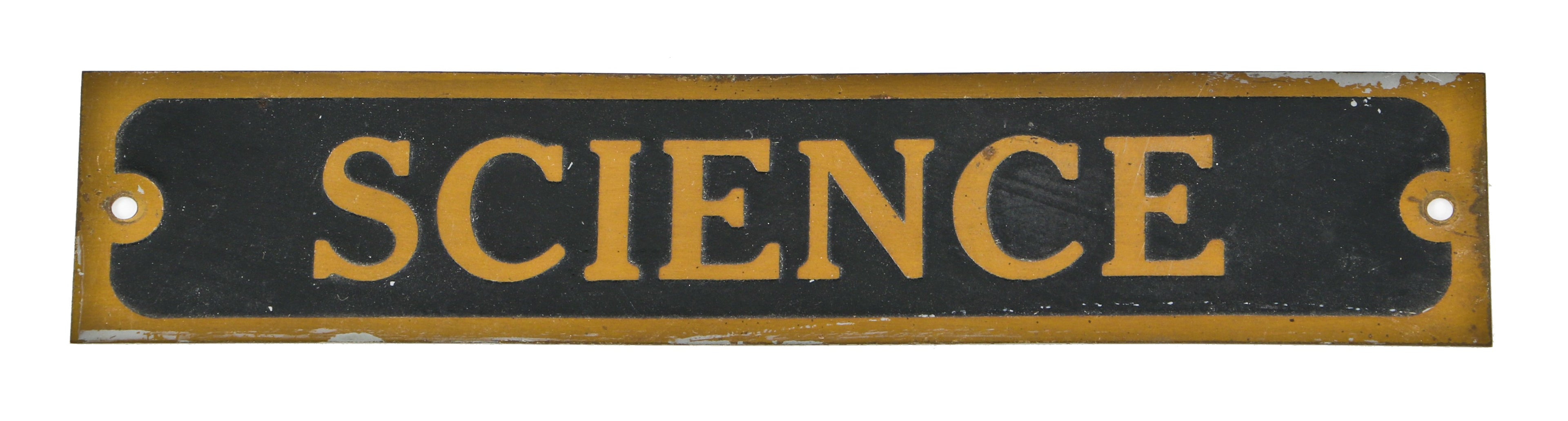 original c. 1915-20 american industrial single-sided stamped yellow brass "science" classroom laboratory sign with original baked-on black enameled background