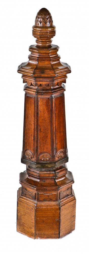 completely intact c. 1880's antique ameriican hand carved solid walnut joseph t. ryerson octagonal-shaped staircase landing newel post with pineapple finial
