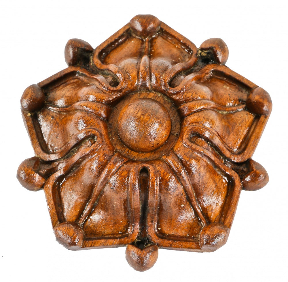 single c. 1873 all original and intact ryerson mansion finely executed solid walnut wood hand carved diminutive five-sided floral rosette with centrally located button