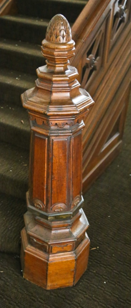 completely intact c. 1880's antique ameriican hand carved solid walnut joseph t. ryerson octagonal-shaped staircase landing newel post with pineapple finial