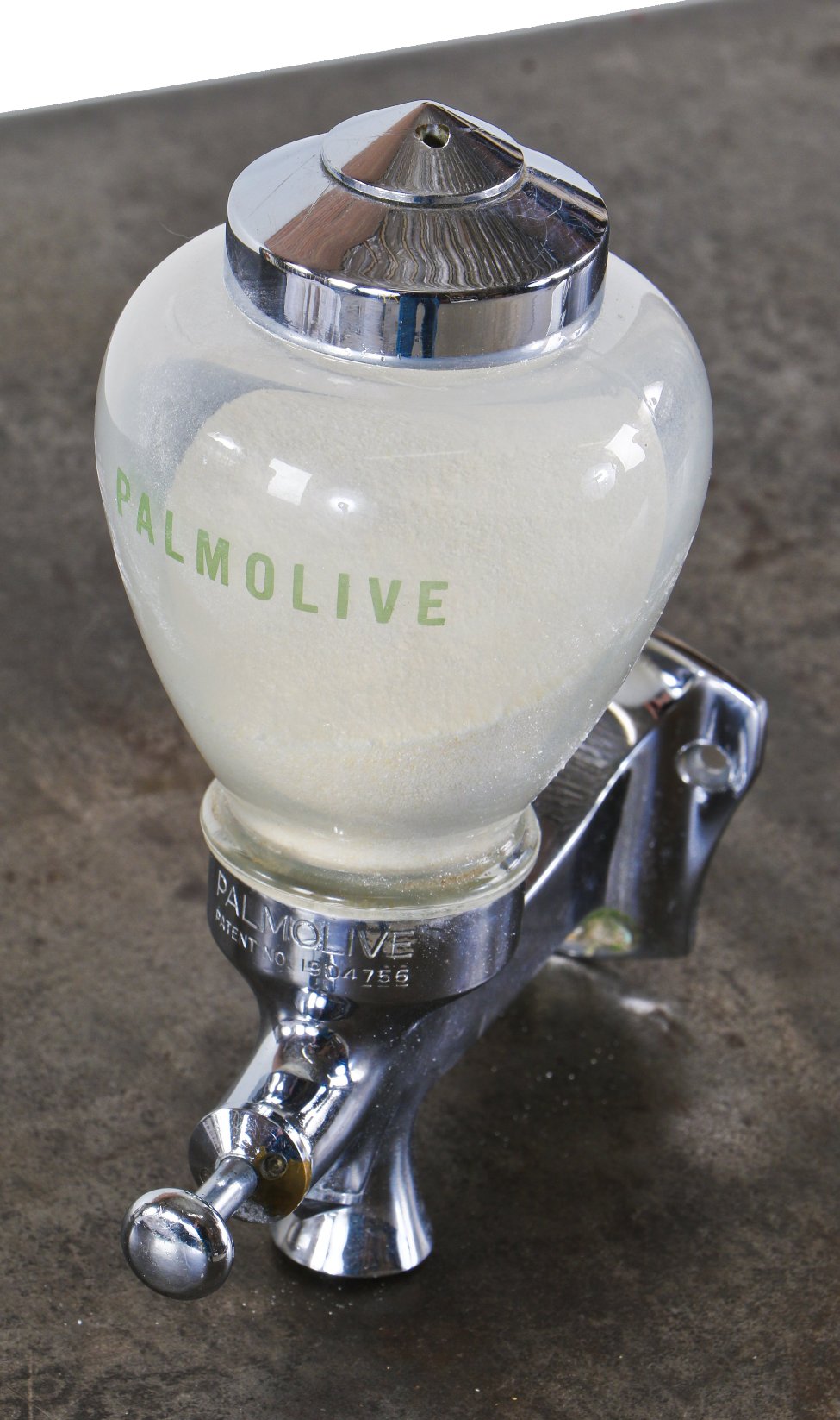 hard to find and completely intact and fully functional american made c. 1930's machine age "palmolive" brand wall-mount lavatory soap dispenser