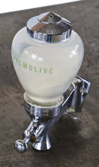 hard to find and completely intact and fully functional american made c. 1930's machine age "palmolive" brand wall-mount lavatory soap dispenser