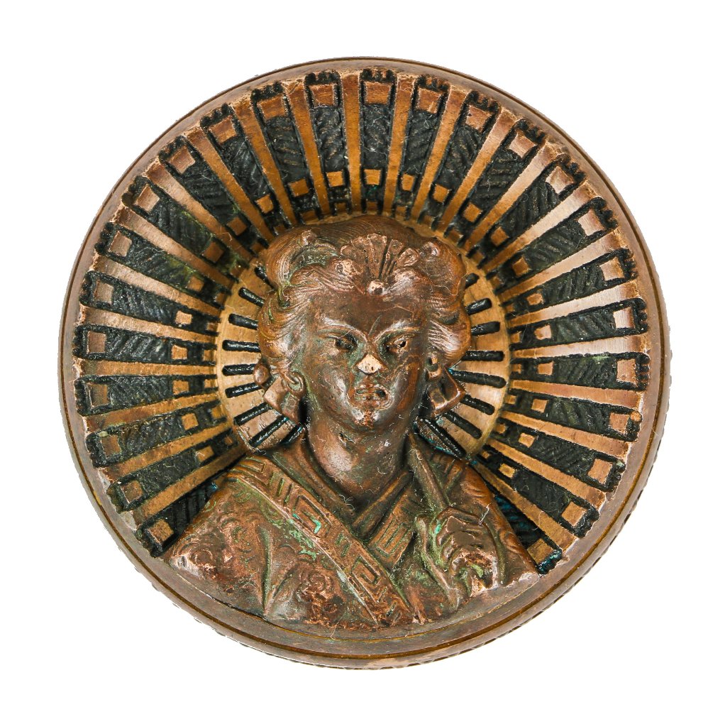 highly sought after original early 1880's original and intact "geisha girl" residential figural cast bronze doorknob with detailed parasol and beaded border