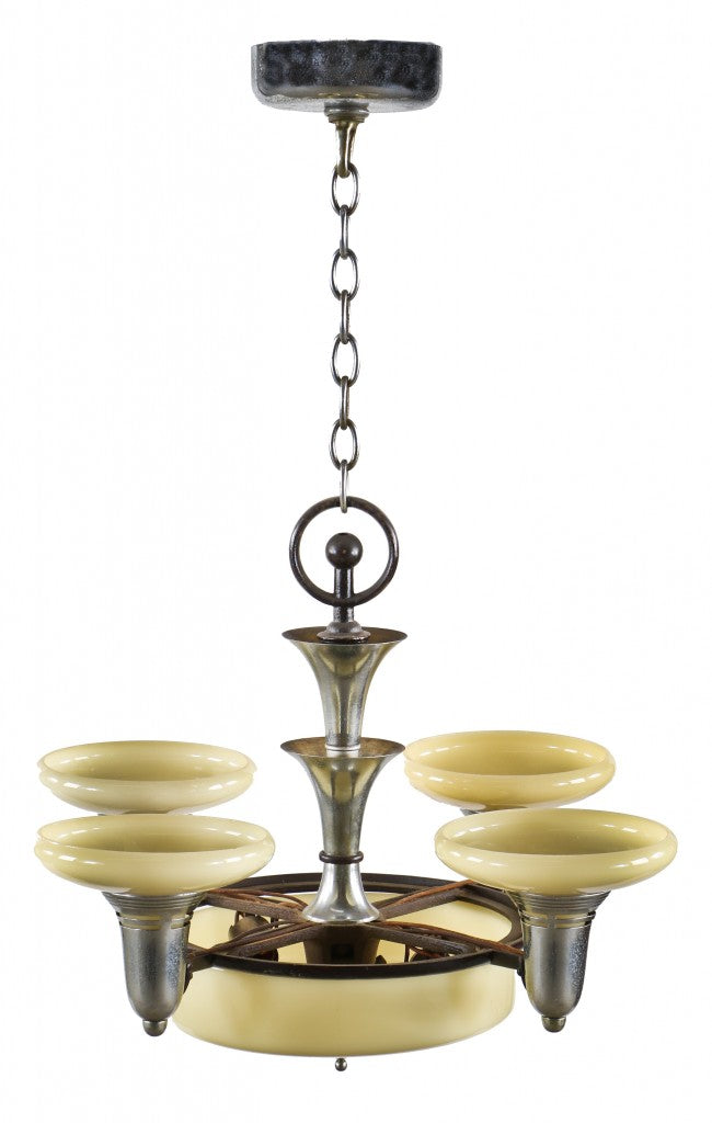 original streamlined antique american depression era art deco style five electric polished chrome light ceiling fixture with intact custard shallow bowl glass shades