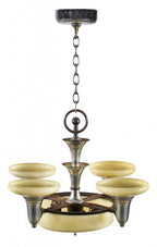 original streamlined antique american depression era art deco style five electric polished chrome light ceiling fixture with intact custard shallow bowl glass shades