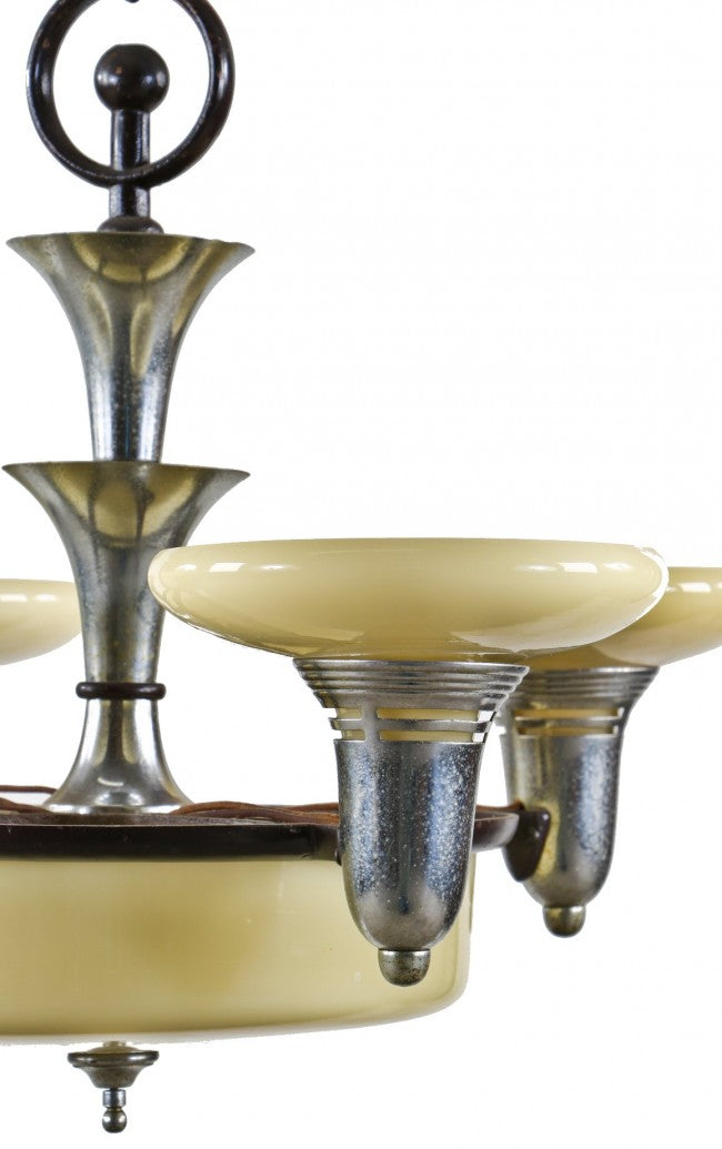 original streamlined antique american depression era art deco style five electric polished chrome light ceiling fixture with intact custard shallow bowl glass shades