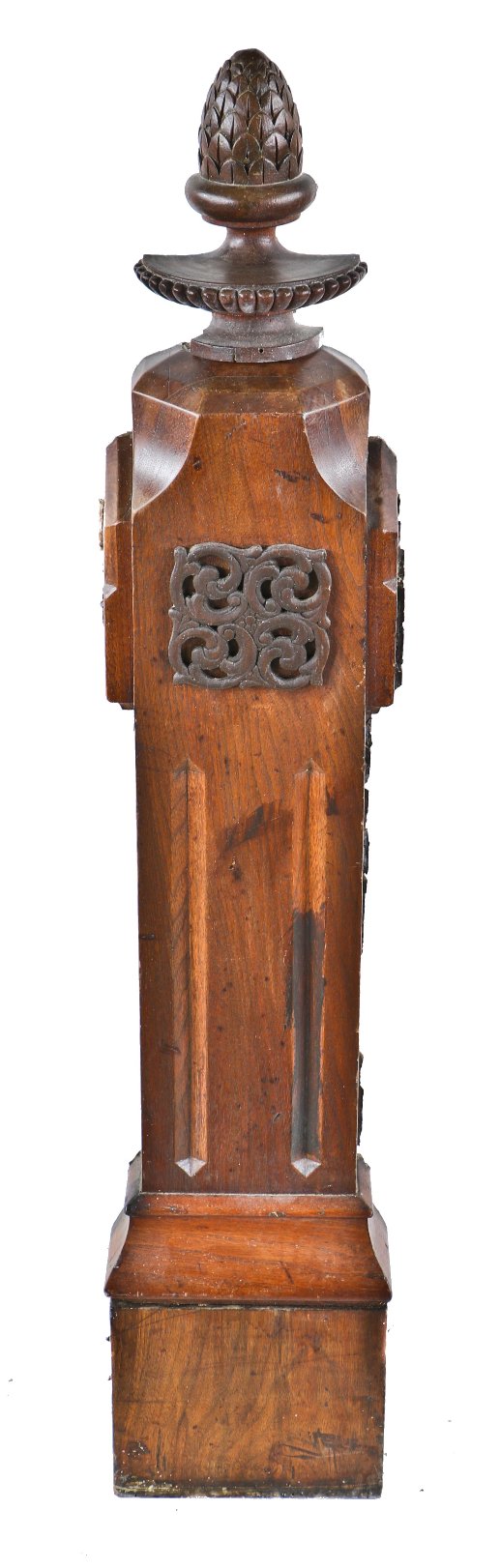 one of several original early 1880's antique american victorian era solid walnut wood chamfered and grooved wall-mount newel post with carved pineapple finial