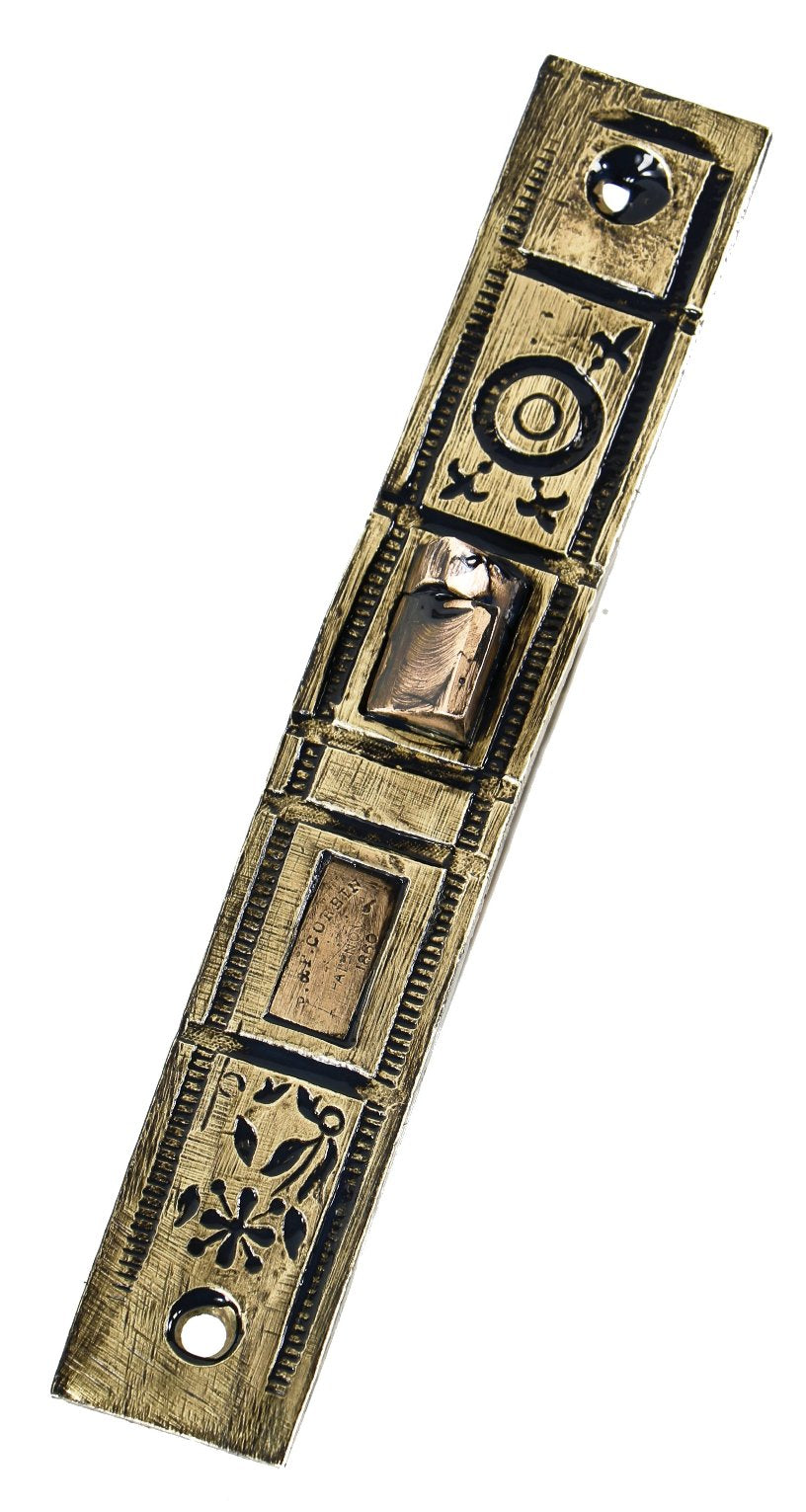 original and intact 19th century original residential ornamental cast brass (faceplate) corbin entrance door mortise lock with latch and dead bolts