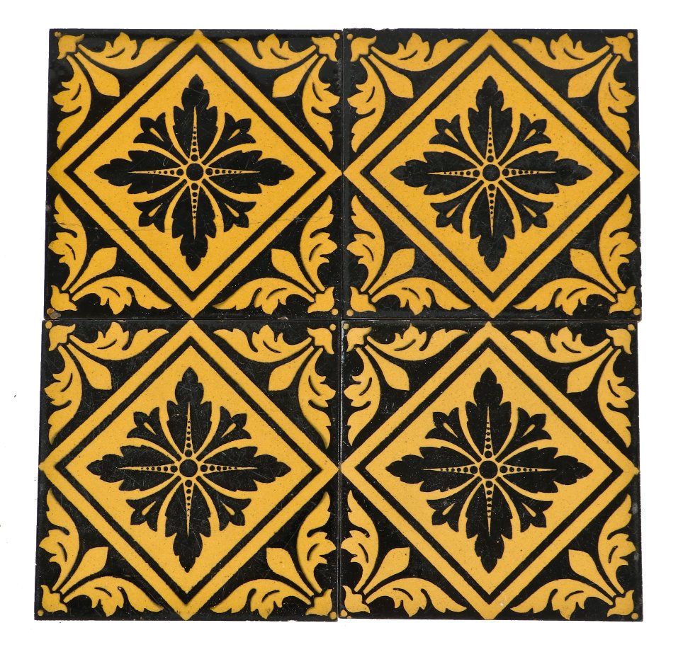 four matching original c. 1880's interior david c. cook mansion "stoke on trent" glazed minton tiles featuring a visually striking design