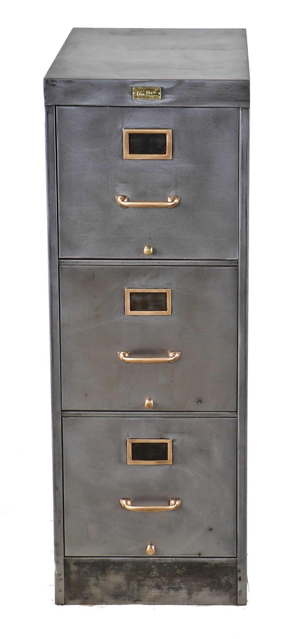 refinished original c. 1920's american antique industrial clean and compact brushed metal three-drawer parisian button factory office filing cabinet with sealed finish