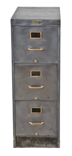 refinished original c. 1920's american antique industrial clean and compact brushed metal three-drawer parisian button factory office filing cabinet with sealed finish