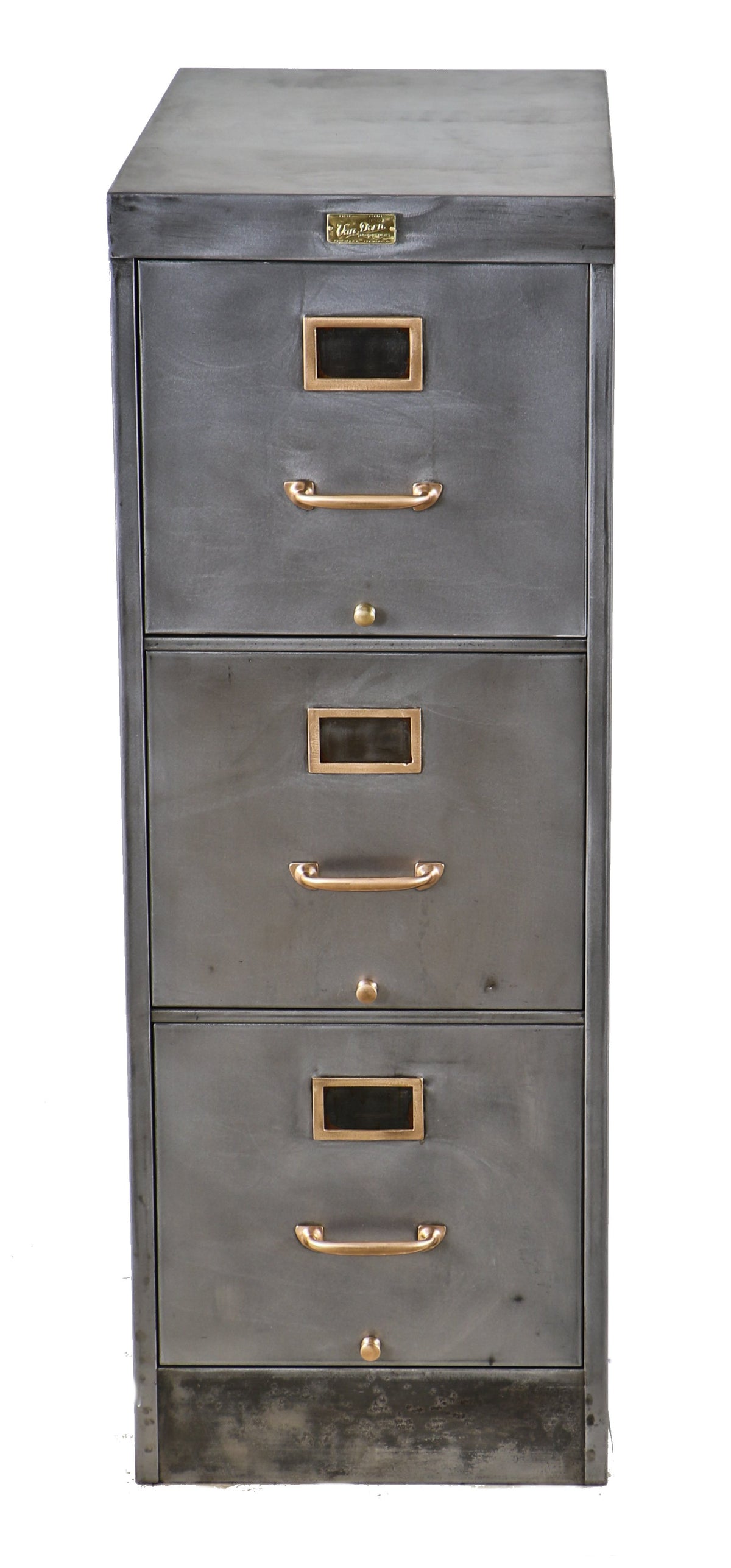 refinished original c. 1920's american antique industrial clean and compact brushed metal three-drawer parisian button factory office filing cabinet with sealed finish