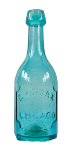 hard to find mid-19th century iron-pontiled light blue aqua glass george lomax soda or mineral water bottle with long and narrow nek and applied blob top