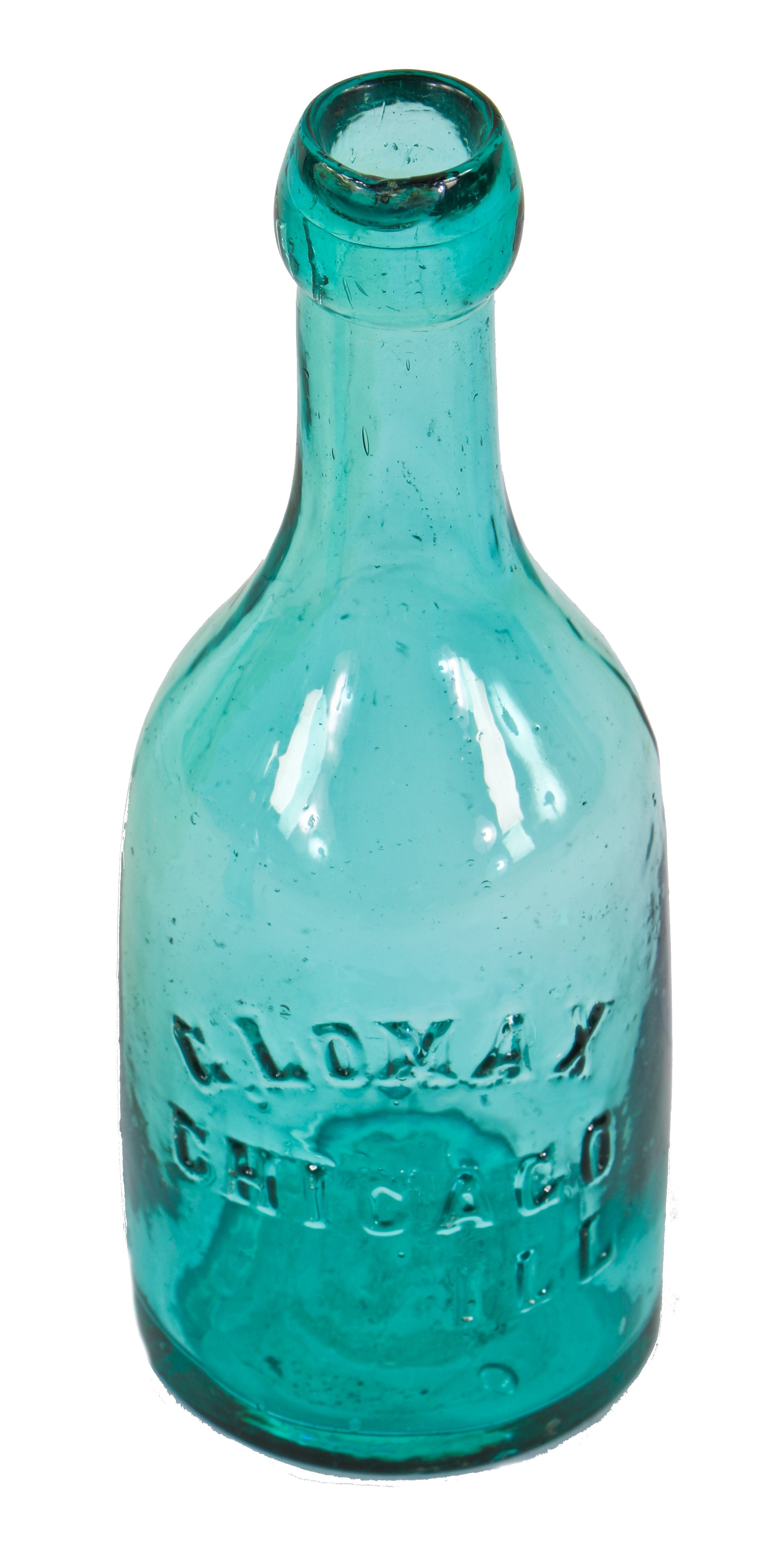 c. 1850's original aqua blue blob top iron pontiled low-shouldered embossed glass soda or mineral water bottle for charles lomax in chicago, il.