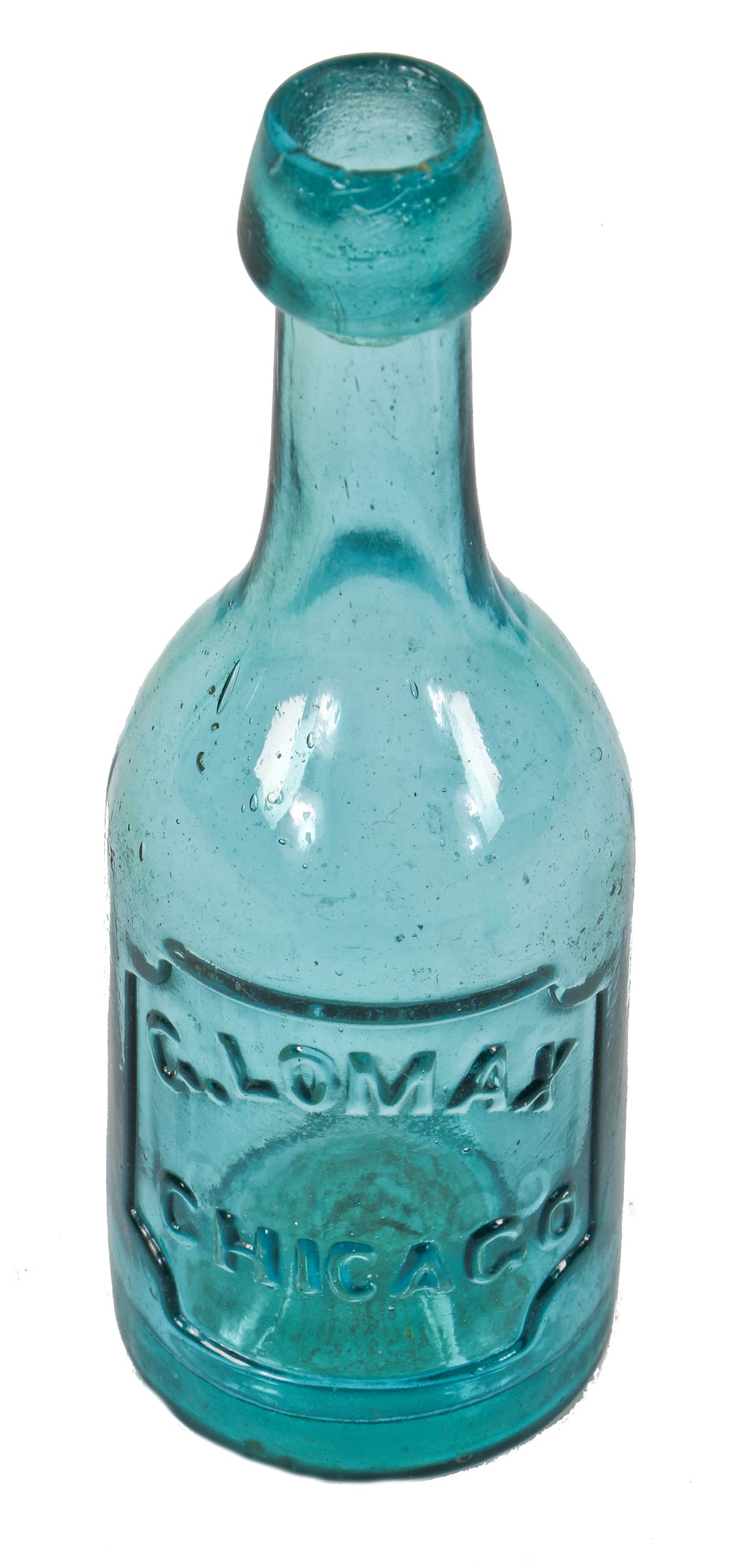 hard to find mid-19th century iron-pontiled light blue aqua glass george lomax soda or mineral water bottle with long and narrow nek and applied blob top