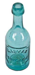 hard to find mid-19th century iron-pontiled light blue aqua glass george lomax soda or mineral water bottle with long and narrow nek and applied blob top