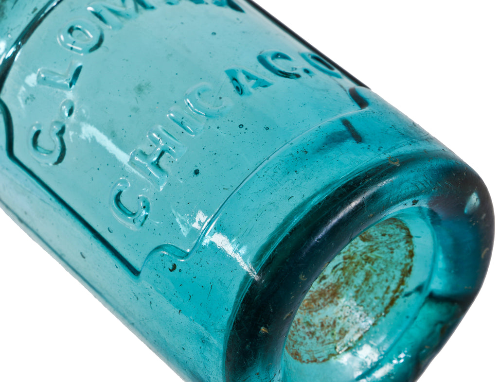 hard to find mid-19th century iron-pontiled light blue aqua glass george lomax soda or mineral water bottle with long and narrow nek and applied blob top