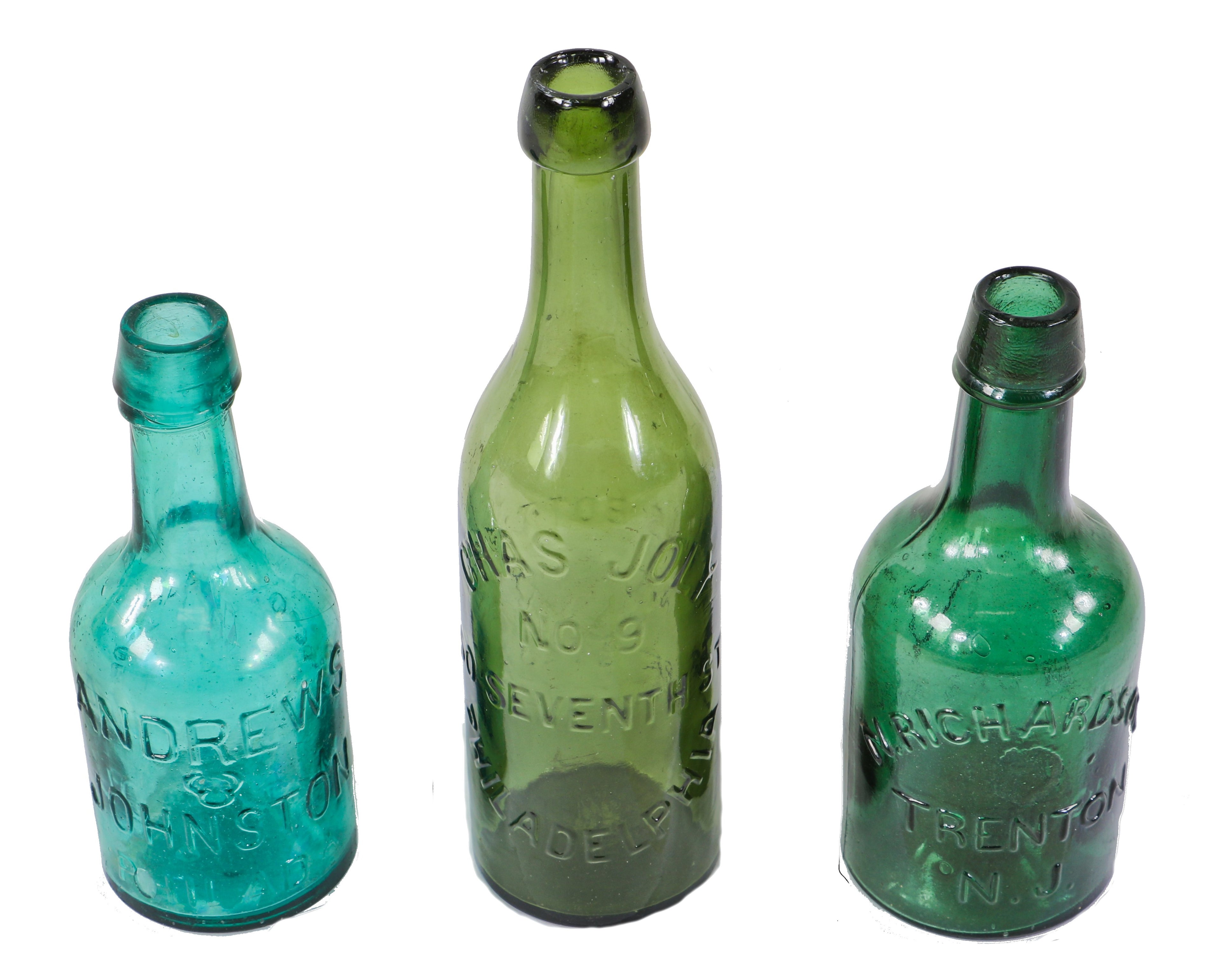 original c. 1850's privy dug andrews & johnston richly colored teal green iron pontiled soda or mineral water bottle with tapered lip and single ring