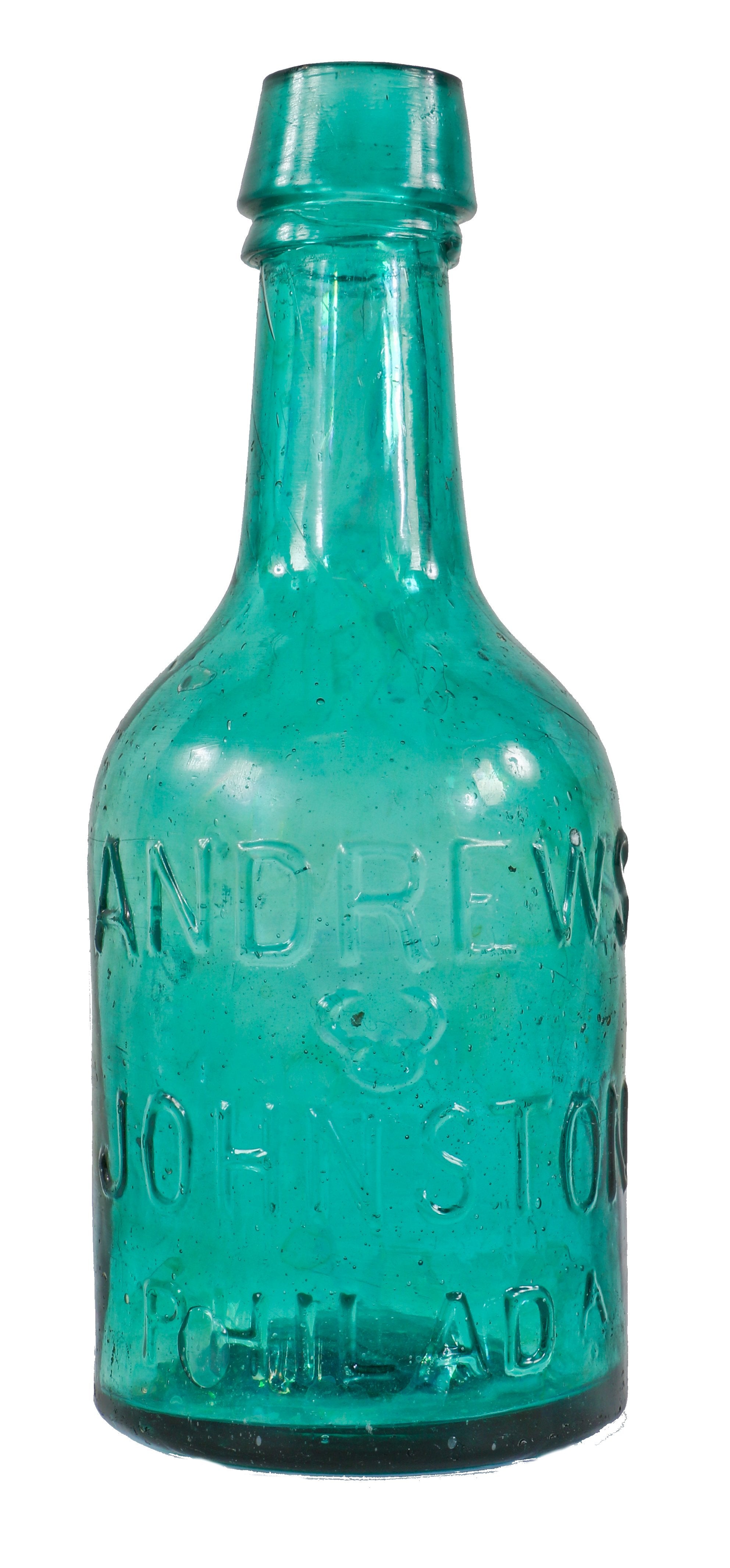 original c. 1850's privy dug andrews & johnston richly colored teal green iron pontiled soda or mineral water bottle with tapered lip and single ring