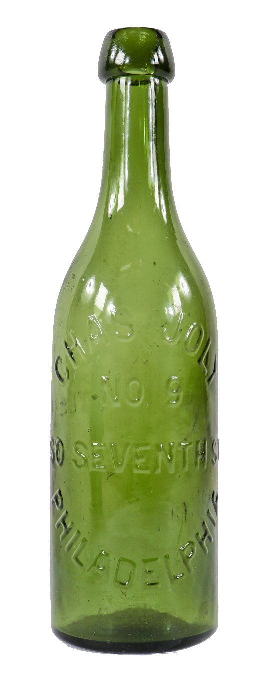 original and intact 1860's-1870's light forest green glass pontiled champagne beer bottle manufactured by charles joly in philadelphia, pa.