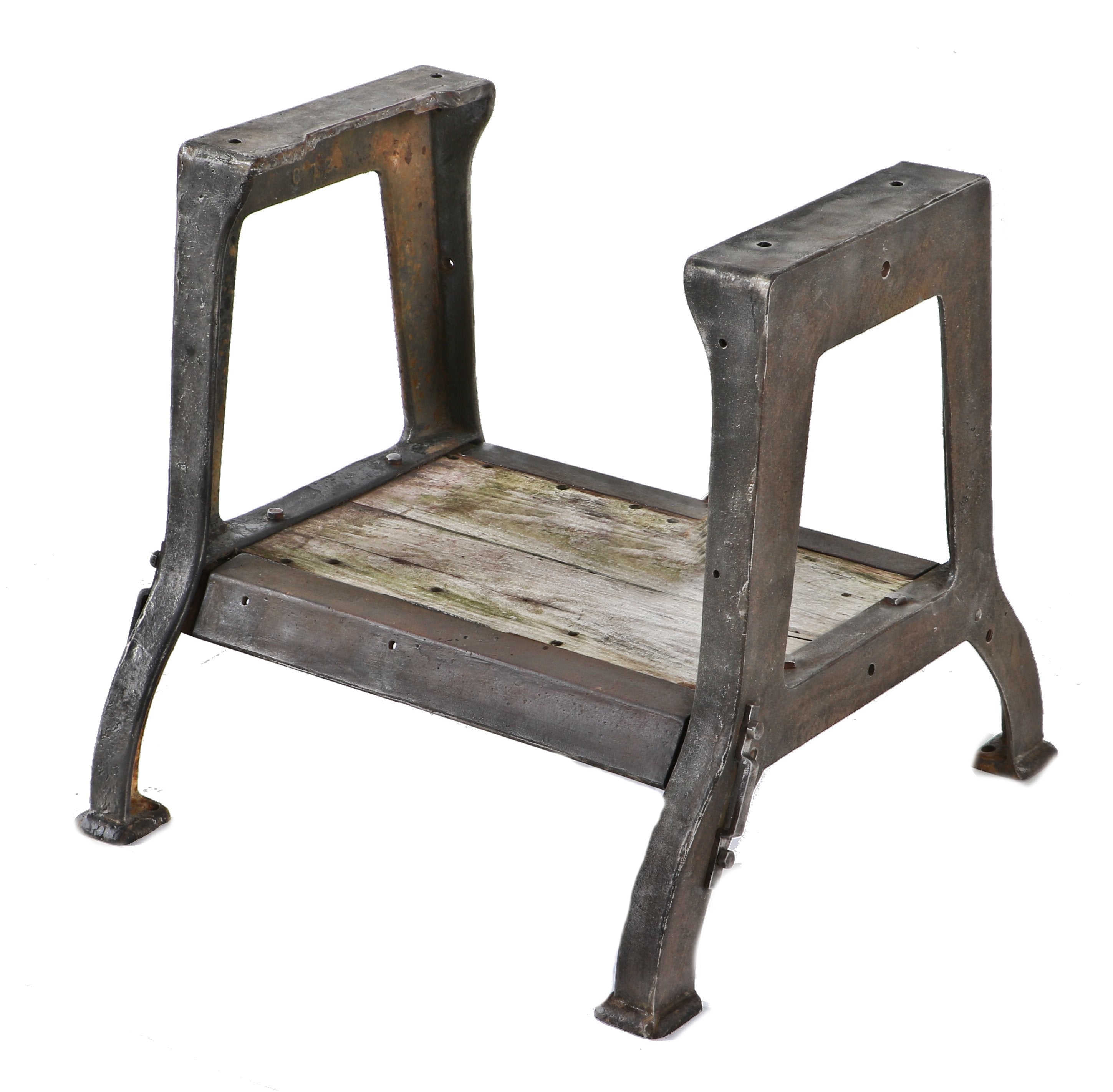 twin set of refinished american antique industrial cast iron "lincoln type" miller machine bases from an old tinsmith shop closed long ago