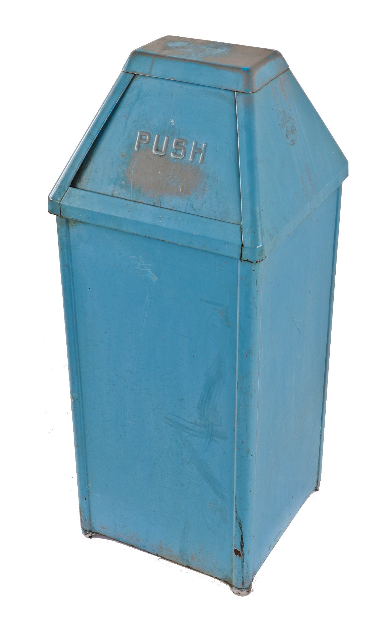 single c. 1940's american industrial free-standing chicago public school trash or garbage can with pyramidal-shaped top with double-sided pivoting "push" doors
