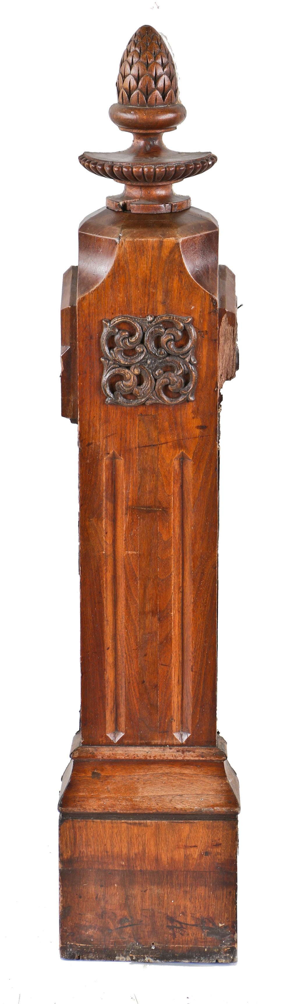 c. 1880's single all original and well-maintained varnished walnut wood single-sided wall mount joseph t. ryerson interior staircase newel post with pineapple finial