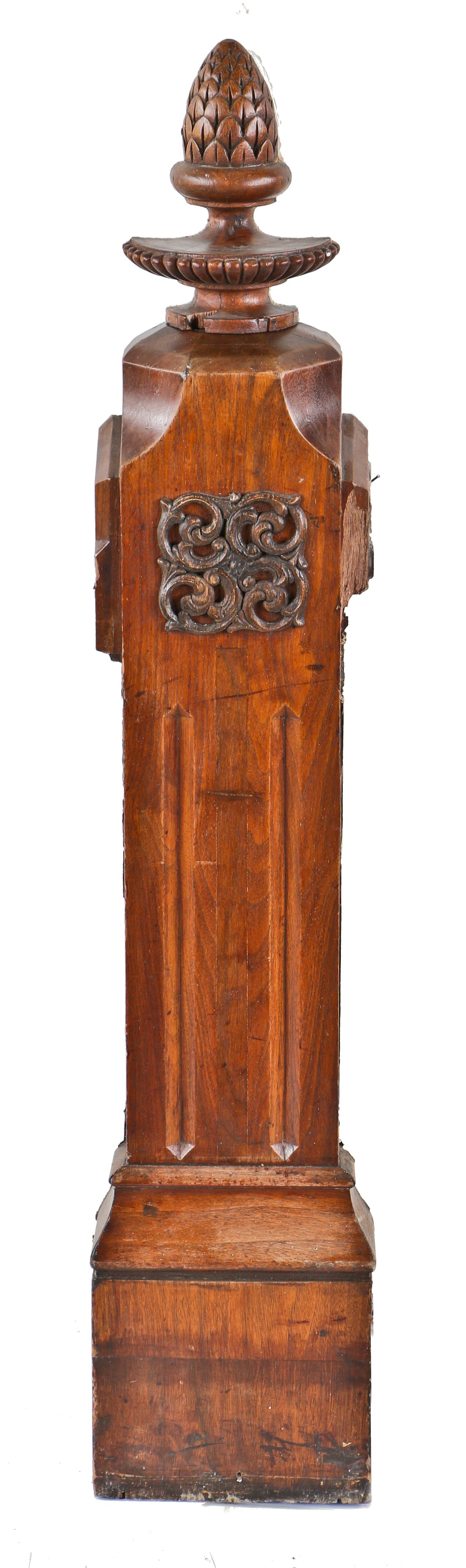 c. 1880's single all original and well-maintained varnished walnut wood single-sided wall mount joseph t. ryerson interior staircase newel post with pineapple finial