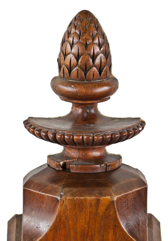 c. 1880's single all original and well-maintained varnished walnut wood single-sided wall mount joseph t. ryerson interior staircase newel post with pineapple finial