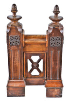 matching set of original 19th century antique american darkly stained walnut wood joseph t. ryerson upper staircase landing newel posts with centrally located baluster panel