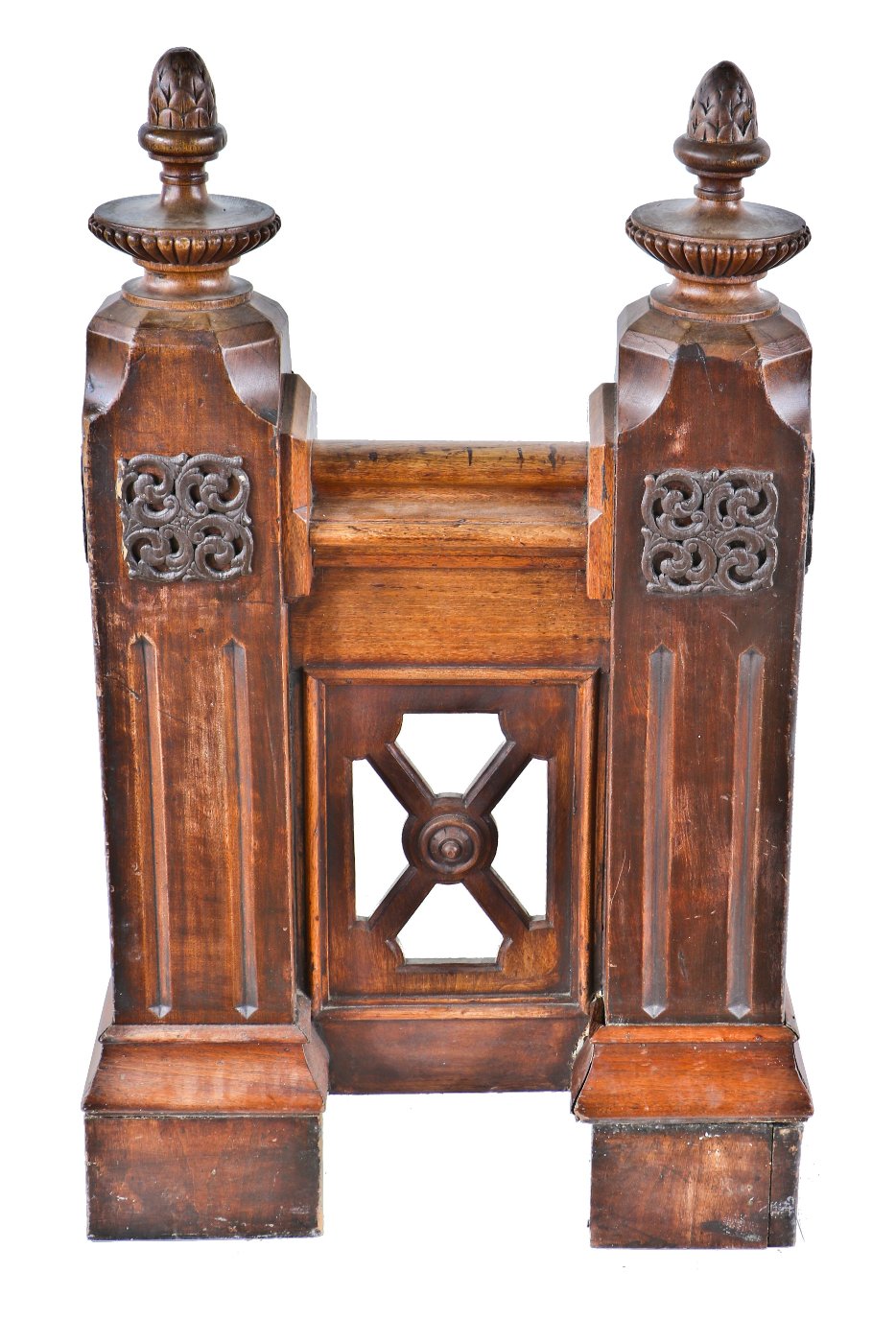 matching set of original 19th century antique american darkly stained walnut wood joseph t. ryerson upper staircase landing newel posts with centrally located baluster panel