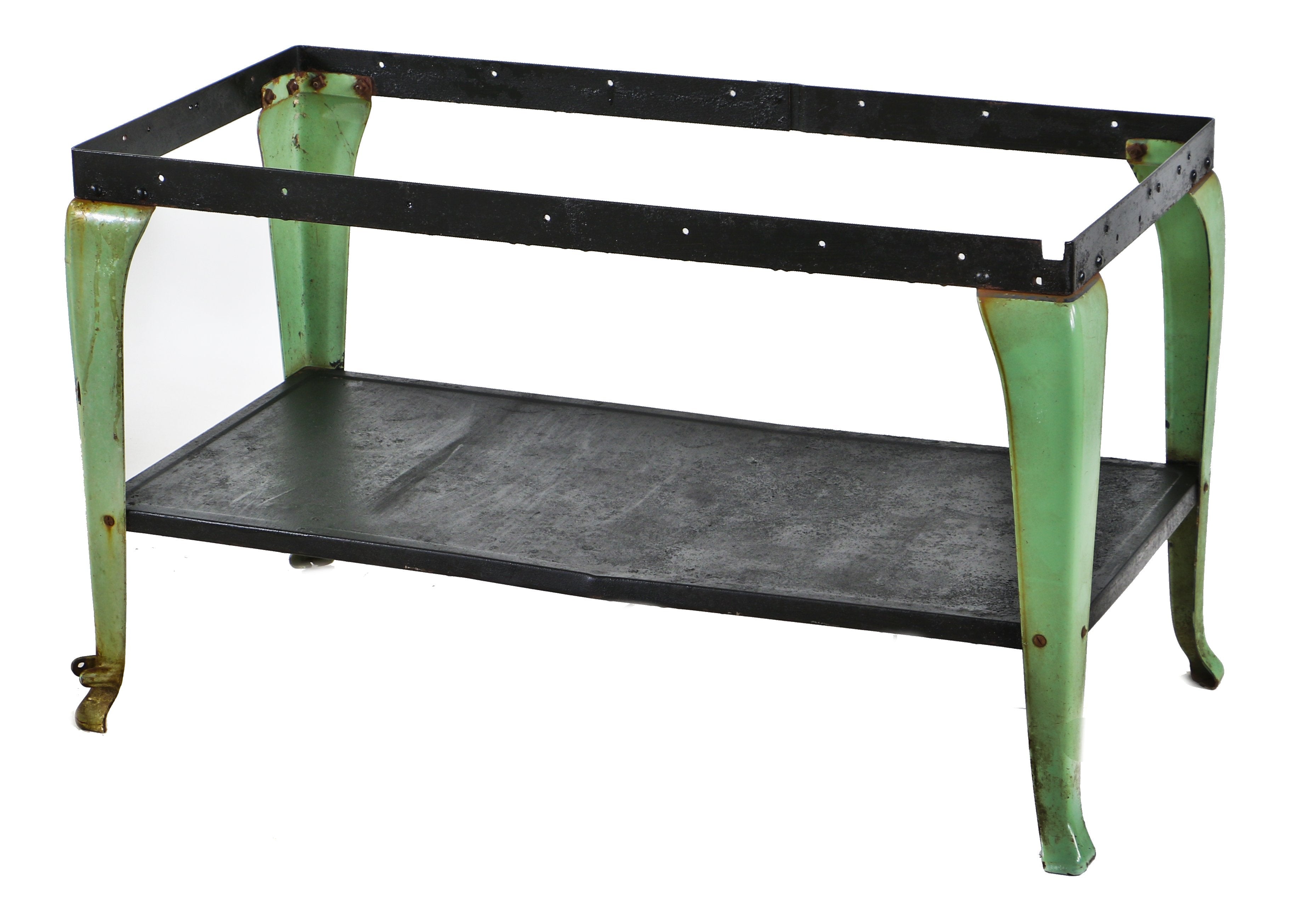 original c. 1930's american industrial four-legged "sani" hospital furniture side table base with unique mint green vitreous or porcelain enameled cabriole style legs