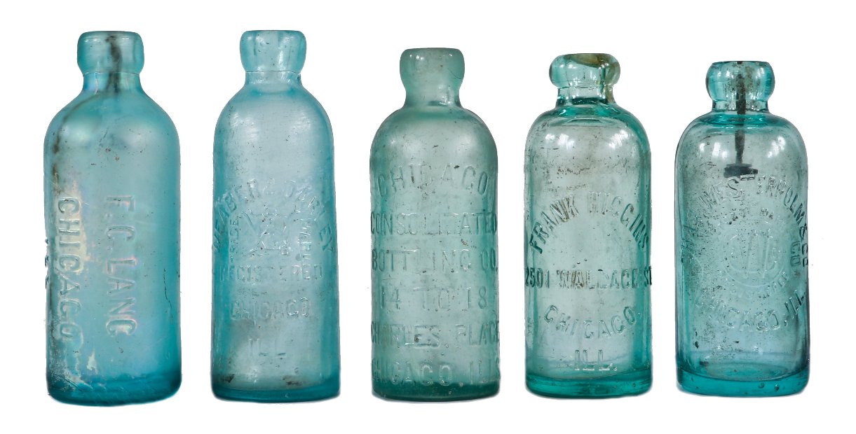 assortment of original late 19th century 1880's antique american privy dug blue and green aqua "blobtop" hutchinson type chicago soda or mineral water bottles