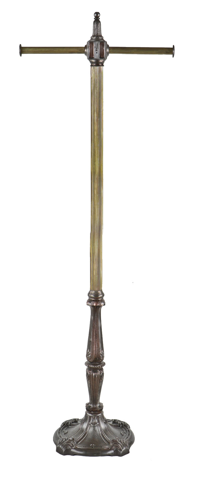 rare and highly sought after c. 1896-1900 original heavily ornamented cast iron and brass freestanding double-pole clothing or dry goods store garment display rack