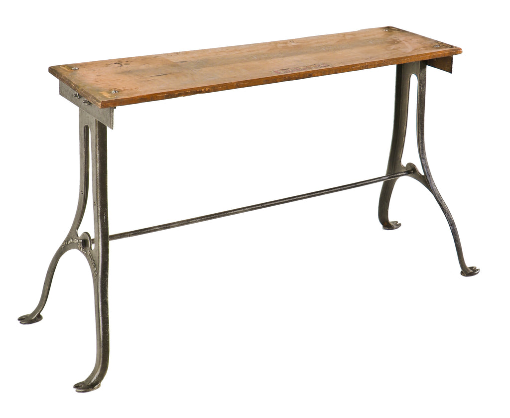 unusual early 1920's antique american industrial stationary long and narrow side table reinforced with "standard" brushed cast iron bases with intact stretcher rod