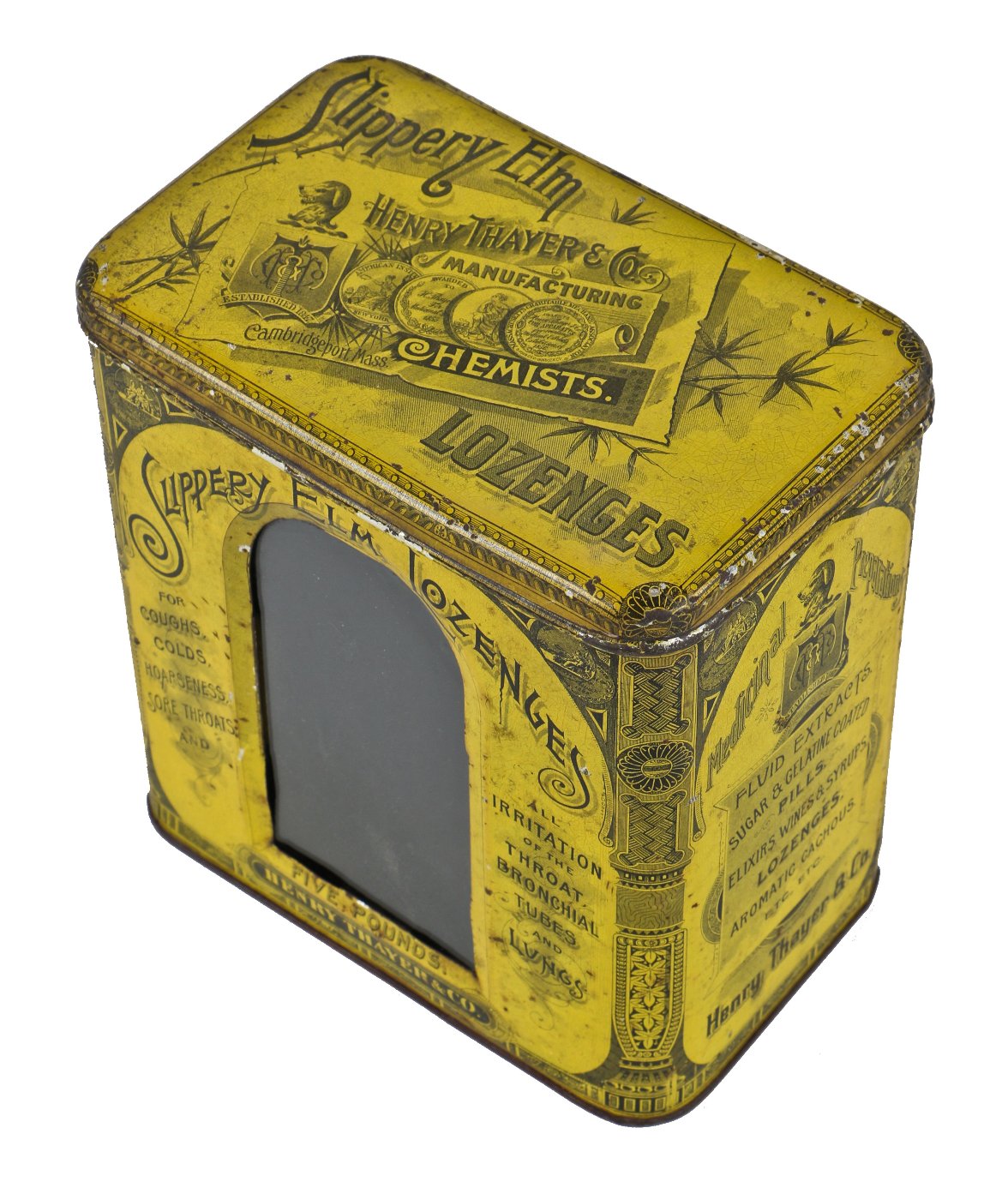 all original exceptionally well-designed and nearly pristine bright yellow lithographed tin "slippery elm" lozenges apothecary or drugstore storage container