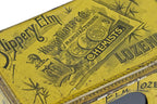 all original exceptionally well-designed and nearly pristine bright yellow lithographed tin "slippery elm" lozenges apothecary or drugstore storage container
