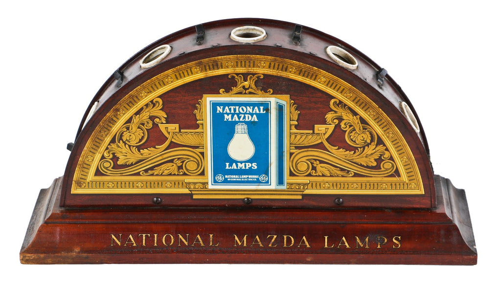 unusually small early 20th century five-light mazda edison tin-lithographed light bulb hardware store counter display with individual sockets and on/off switches