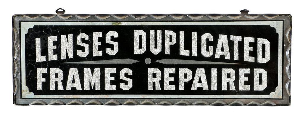 rare original early 20th century oversized reverse-painted easel back "lens duplicated" optician scalloped edge glass sign with hanger