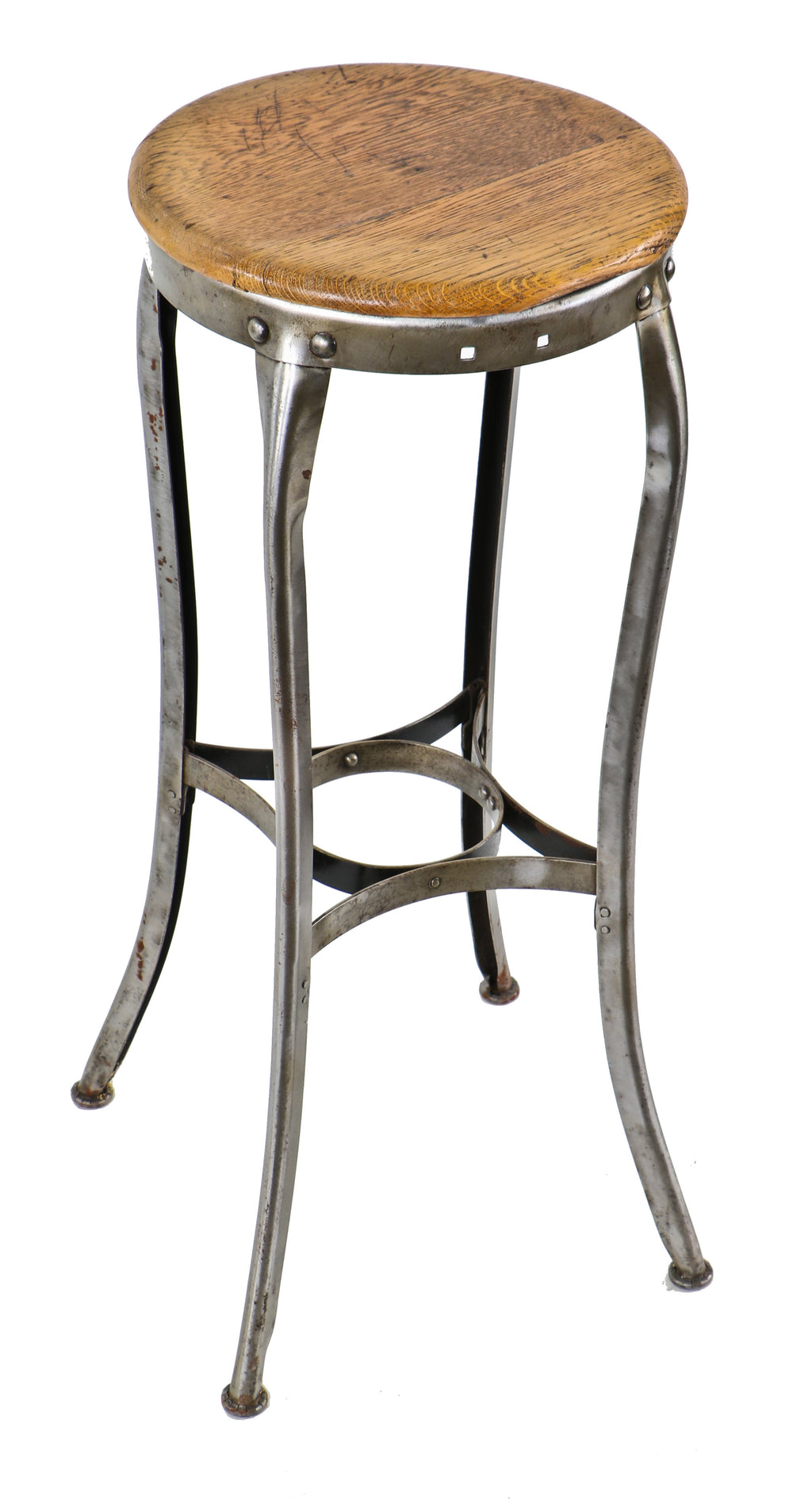 original c. 1910 antique american industrial "uhl art steel" cold-rolled steel stationary soda fountain stool with solid oak wood seat