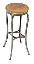 original c. 1910 antique american industrial "uhl art steel" cold-rolled steel stationary soda fountain stool with solid oak wood seat