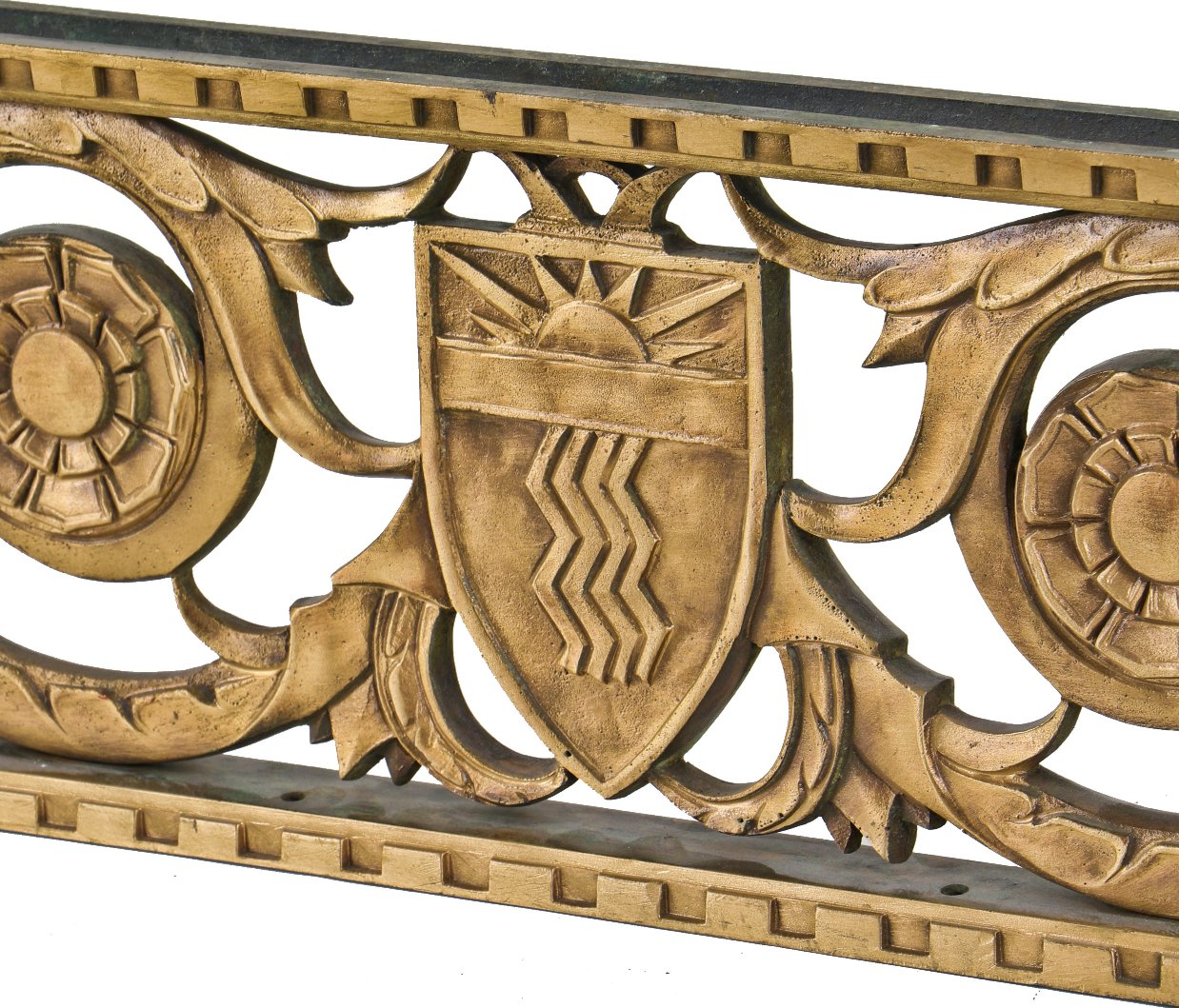 very rare all original c. 1920's american ornamented double-sided cast bronze medinah athletic club exterior entrance door grille with starburst motif shield