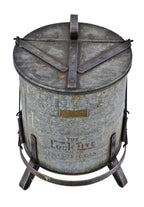 original c. 1930's american antique industrial riveted joint galvanized steel foot-operated flip-top "empty every night" oily rag waste can with hinged lid